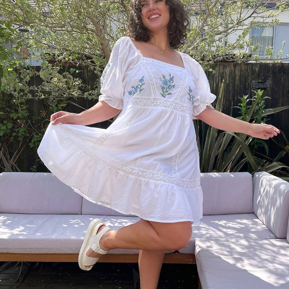 ASOS Design Curve lace insert mini smock dress with floral embroidery size 20